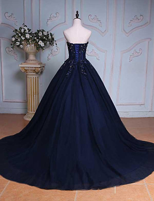 Princess Ball Gown Sweetheart Navy Blue Beads Ruffles Long Tulle Prom Dresses with Lace up RS236