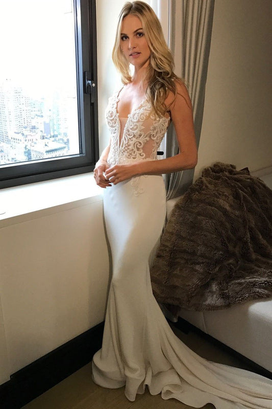 2024 Long Princess Mermaid V-Neck Sleeveless Lace Sexy Ivory Wedding Dresses RS23
