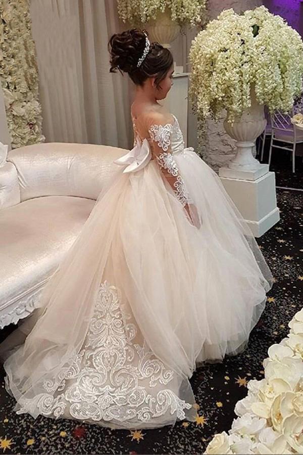 Ball Gown Round Neck Long Sleeves Tulle Bowknot Flower Girl Dress with Appliques RS770