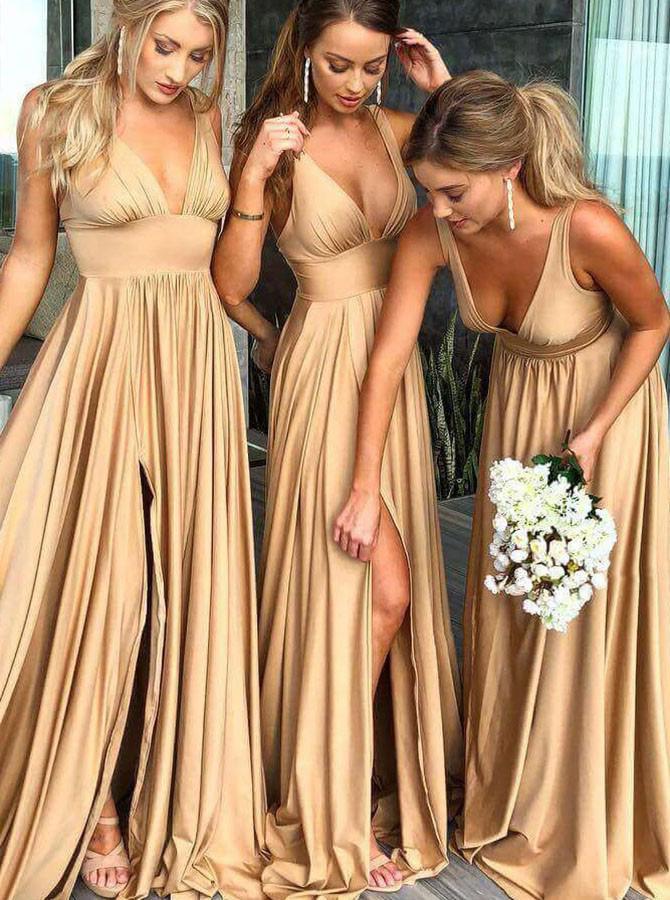 Elegant A-Line V-Neck Elastic Satin Backless Ruffles Sleeveless Bridesmaid Dress with Split RS757