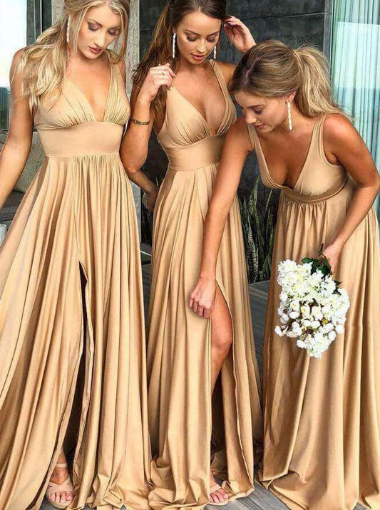 Elegant A-Line V-Neck Elastic Satin Backless Ruffles Sleeveless Bridesmaid Dress with Split RS757