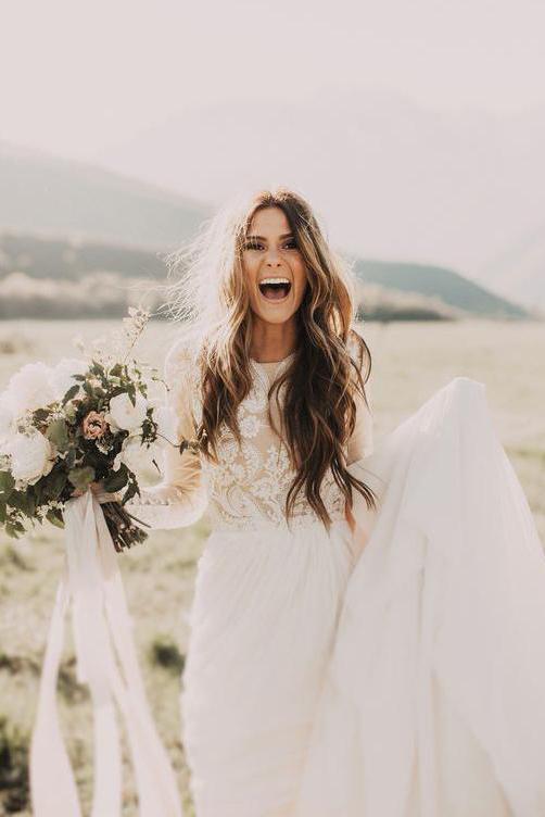 Princess A Line Long Sleeve Rustic Scoop Lace Appliques Tulle Ivory Beach Wedding Dress RS827